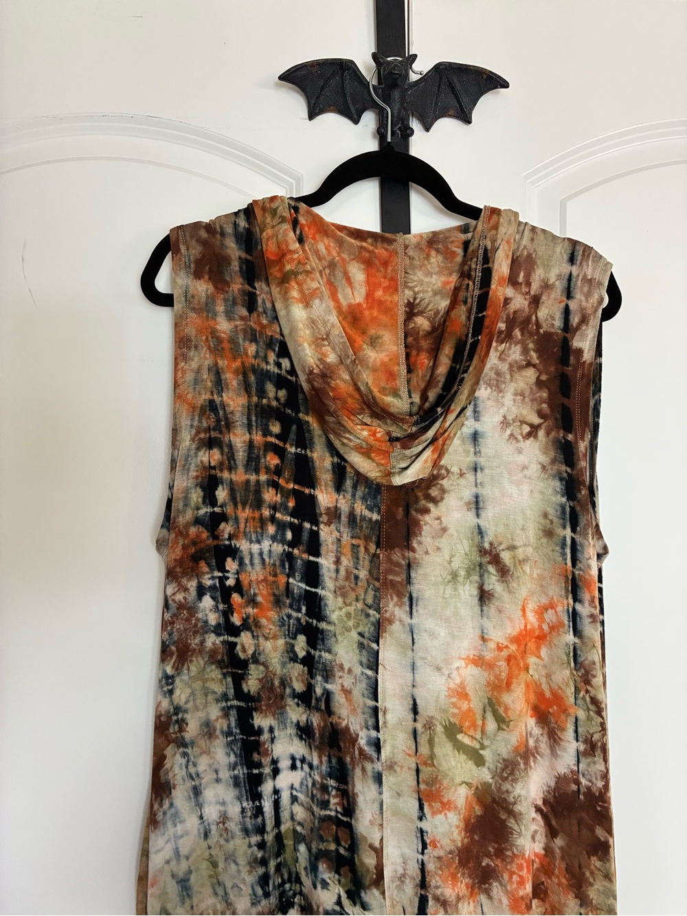 Bohemian Tie-Dye Duster Vest with Hood Brown & Rust Soft Stretchy 1X - Picture 9 of 11
